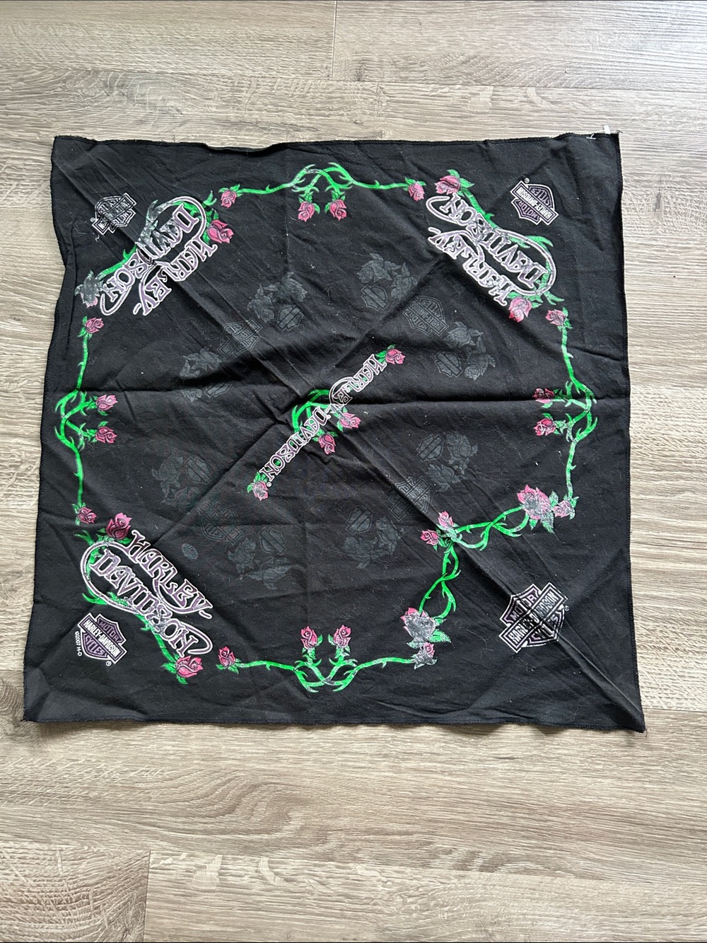 Harley-Davidson Black Bandana with Pink and Green Rose Vine